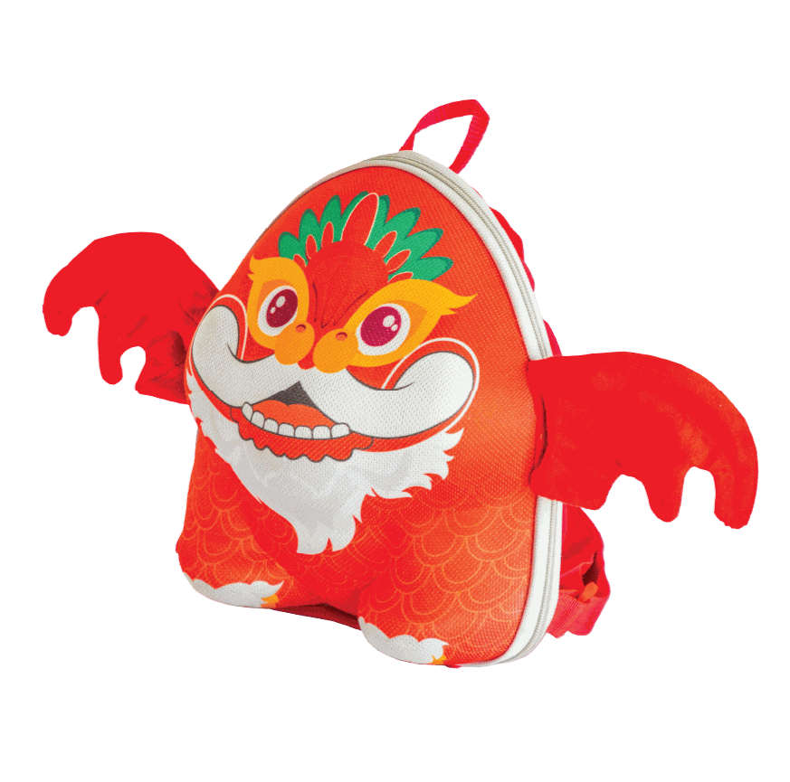 Front view of Draco dragon backpack for kids, featuring an adorable 3D design with a fun dragon face, durable material, and perfect for school and travel