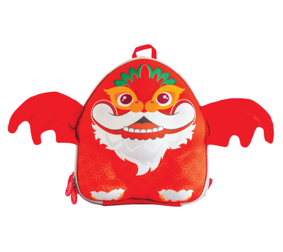 Front view of Draco dragon backpack for kids, featuring an adorable 3D design with a fun dragon face, durable material, and perfect for school and travel