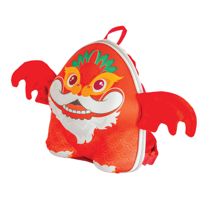 Front view of Draco dragon backpack for kids, featuring an adorable 3D design with a fun dragon face, durable material, and perfect for school and travel