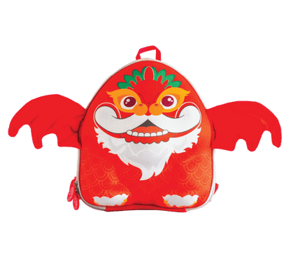 Front view of Draco dragon backpack for kids, featuring an adorable 3D design with a fun dragon face, durable material, and perfect for school and travel